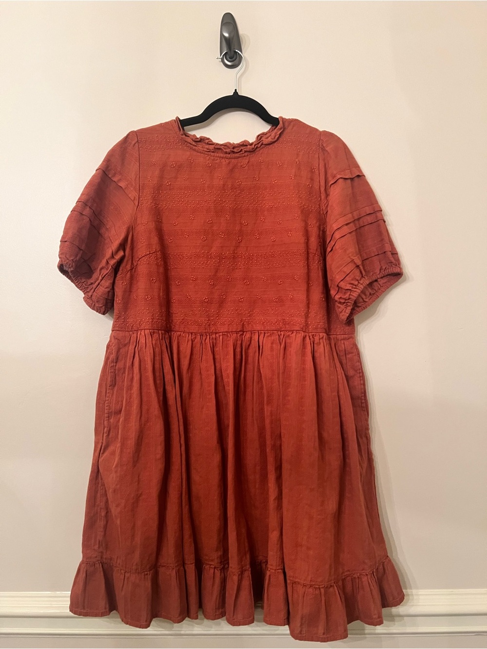 Universal Thread Rust Orange Dress with Ruffle Hem and Subtle Floral Embroidery